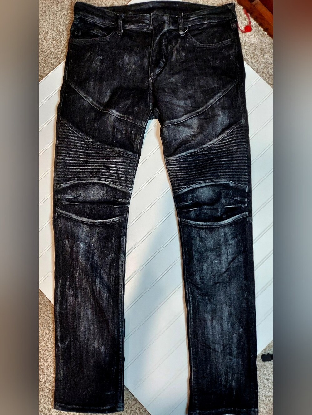 True Religion Rocco Relaxed Skinny Moto Jeans Mens 32 Black Acid Wash Biker Y2k